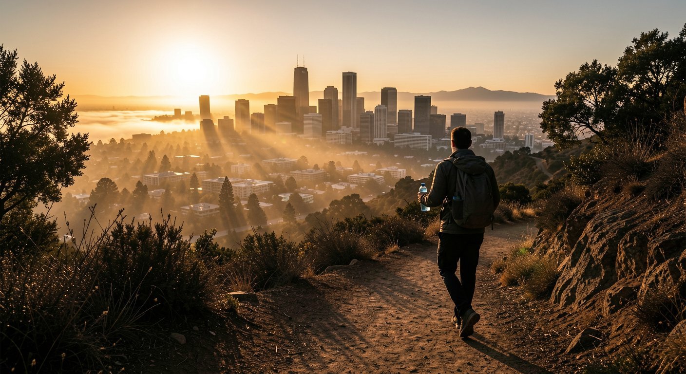 Griffith Park hiking trail at sunrise overlooking Los Angeles skyline with hiker on trail