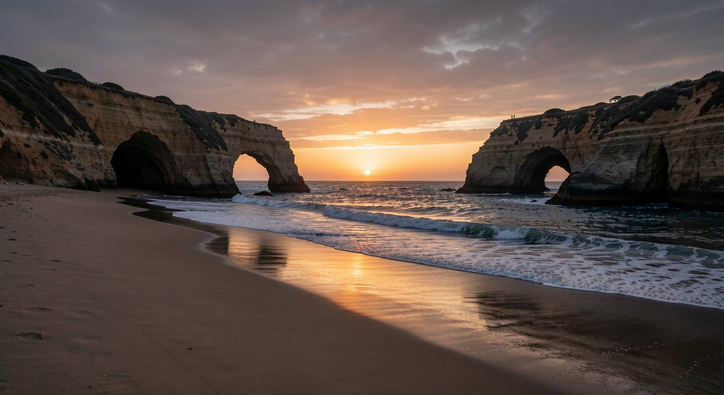 El Matador Beach in Malibu at sunset with sea caves and rock arches