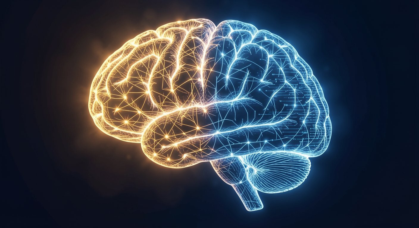 Brain silhouette with neural connections transitioning from warm golden natural light to cool blue digital light, illustrating morning phone habit impact on brain state