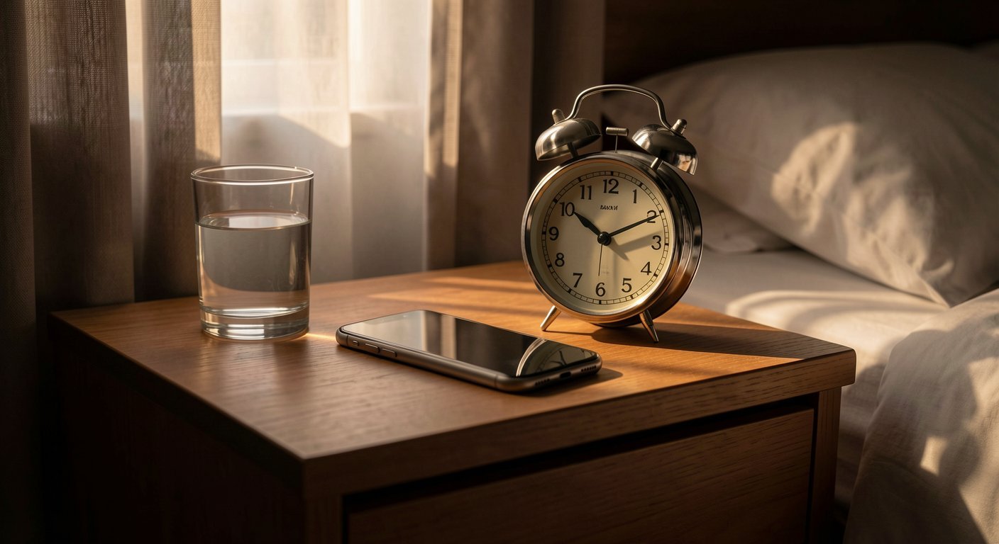 Smartphone face-down on a wooden nightstand with analog alarm clock, morning light through curtains, representing intentional phone-free morning habit