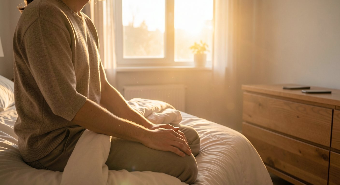 Person sitting on edge of bed in early morning sunlight, phone visible on distant dresser out of reach, phone free morning routine concept